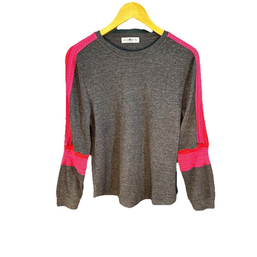 Natural Life Women’s Grey Long Sleeve Thin Sweater - Size XL Pink Sleeves